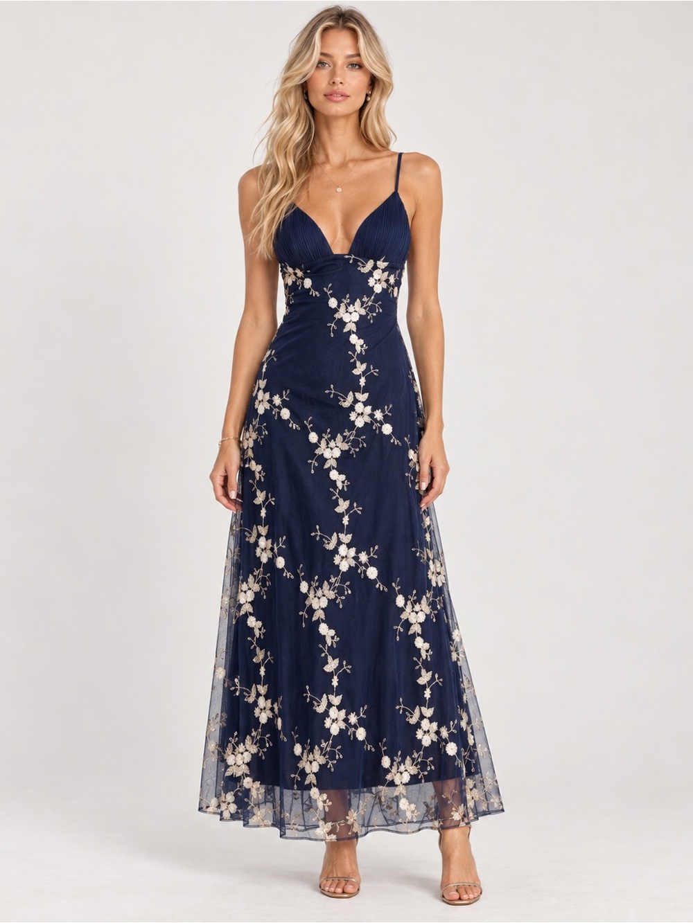 Alice + Olivia Navy Maxi Dress with Cream Floral Embroidery
